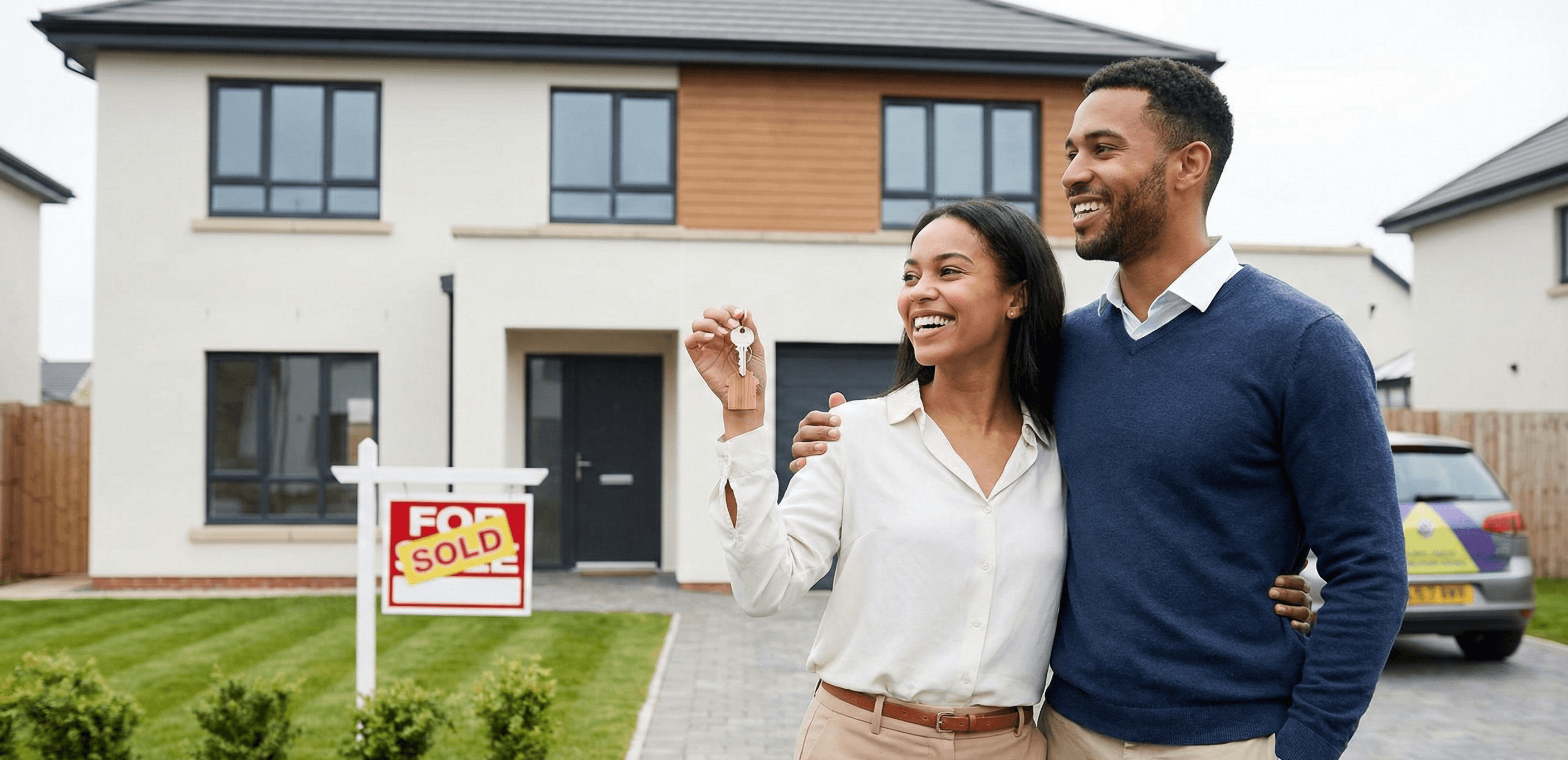 Buyers with keys outside a newly built home